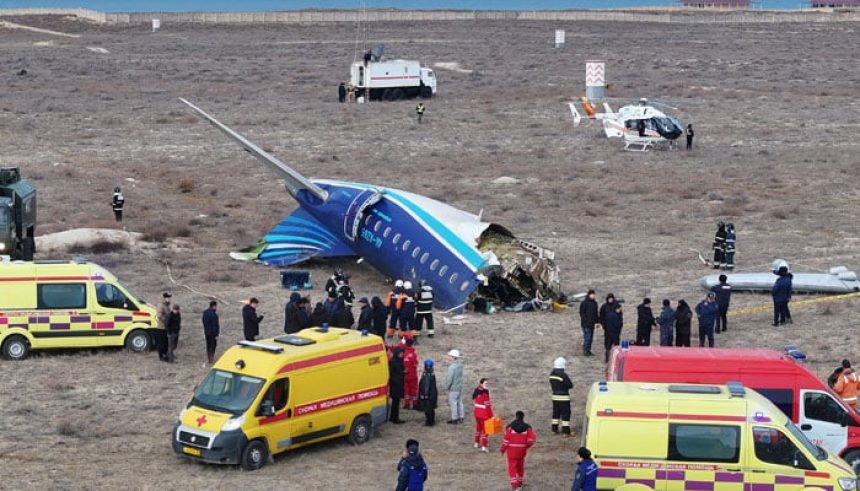 A drone view shows emergency specialists working at the crash site of an Azerbaijan Airlines passenger plane near the city of Aktau, Kazakhstan December 25, 2024. — Reuters