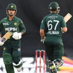 Saim Ayub and Salman Agha put up a valuable partnership during first ODI between South Africa and Pakistan in Paarl on December 17, 2024. — AFP