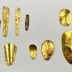 Image shows gold tongues and gold nails that were found at Oxyrhynchus, Egypt. — Egyptian Ministry of Tourism and Antiquities