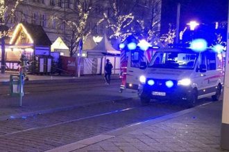 An ambulance is seen heading towards mishap site in Magdeburg on December 20, 2024.  — X/BelTel