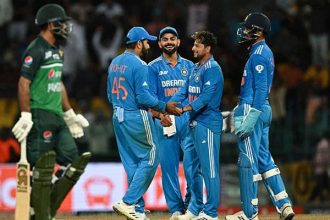 Indian players celebrate after taking the wicket of a Pakistani batter during the Asia Cup 2023 super four ODI match at the R. Premadasa Stadium in Colombo on September 11, 2023. — AFP