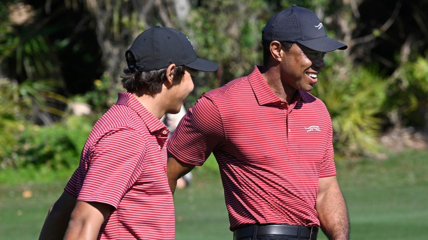 Tiger and Charlie Woods celebrate