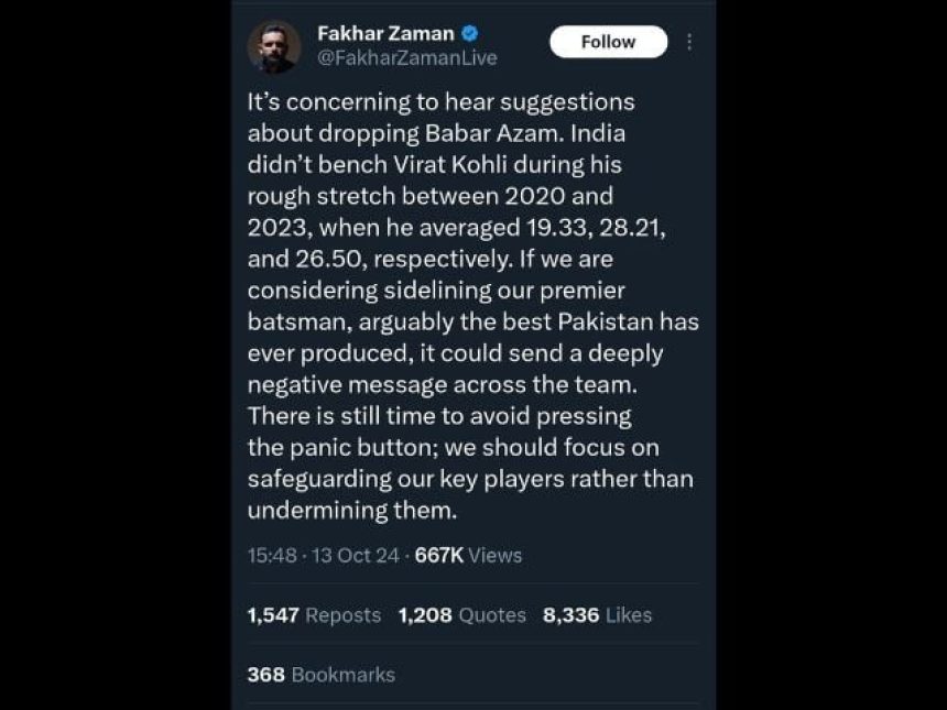 Fakhar Zaman breaks silence on his post supporting Babar Azam | The Express Tribune