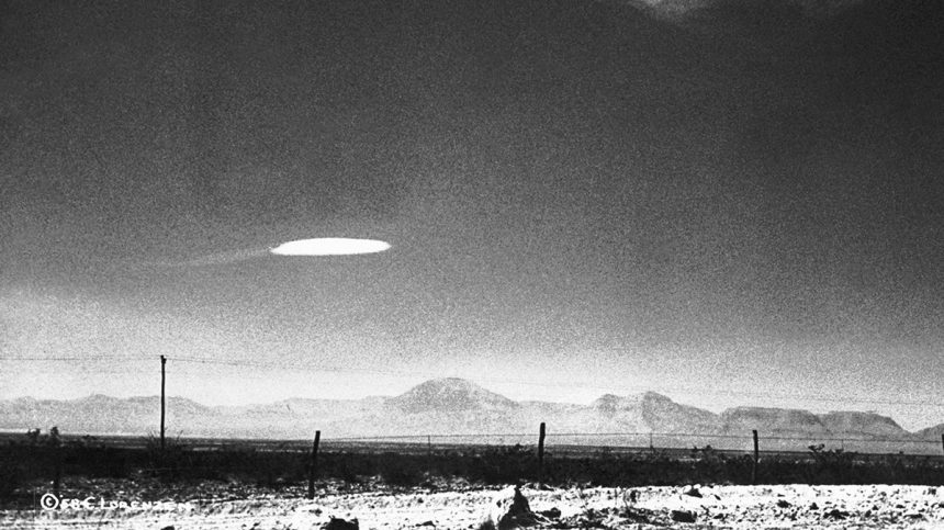 This UFO was photographed when it hovered for 15 minutes near the Holloman Air Development Center in Alamogordo, N.M., on Dec. 16, 1957.