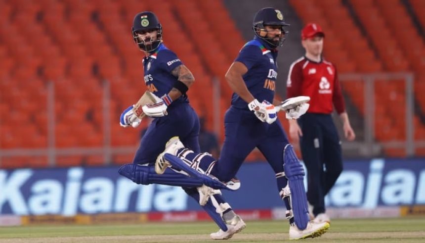 Indias Virat Kohli (left) in action with Rohit Sharma at Narendra Modi Stadium, Ahmedabad, in India on March 20, 2021. —Reuters