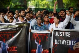 Doctors shout slogans during a protest demanding justice following the rape and murder of a trainee medic at a hospital in Kolkata, in New Delhi, India on August 19, 2024. — Reuters