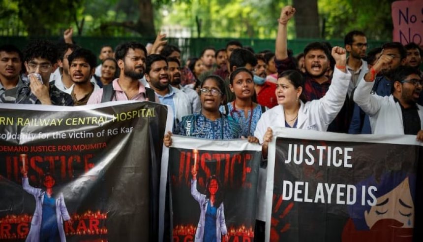 Doctors shout slogans during a protest demanding justice following the rape and murder of a trainee medic at a hospital in Kolkata, in New Delhi, India on August 19, 2024. — Reuters