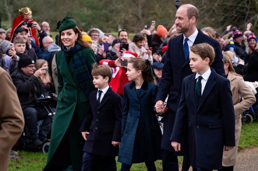 The Princess of Wales, Prince Louis, Princess Charlotte, the Prince of Wales, and Prince George attending the Christmas Day morning church service at St Mary Magdalene Church in Sandringham, Norfolk.