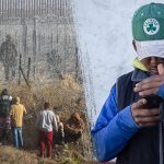 Migrants at the border and a migrant on a cell phone