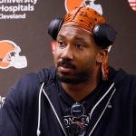 Myles Garrett talks to reporters