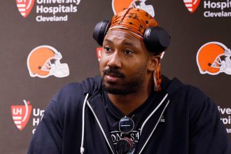 Myles Garrett talks to reporters