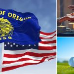 The Oregon state flag on the left with two smaller photos of a fortune teller and a golf club on the right