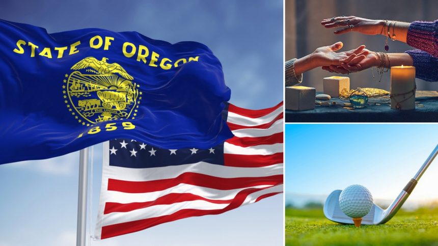 The Oregon state flag on the left with two smaller photos of a fortune teller and a golf club on the right