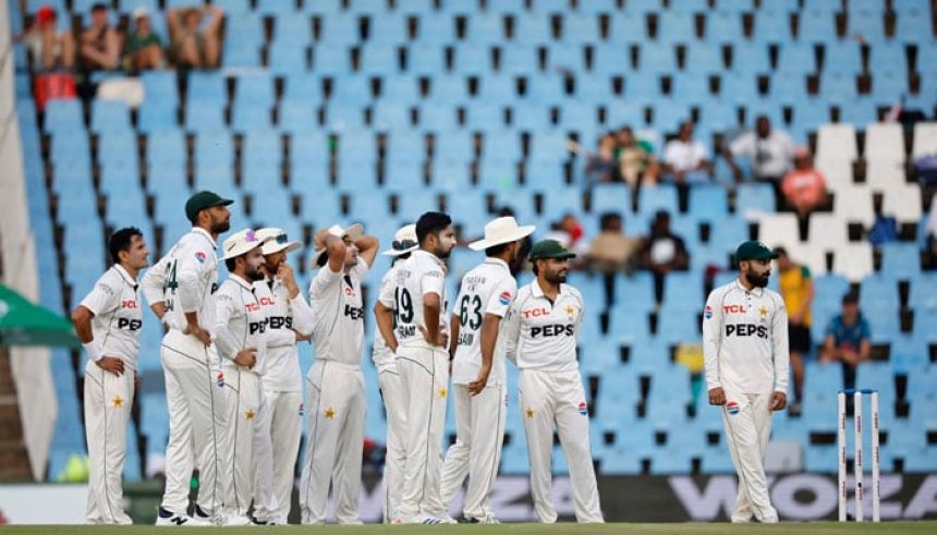 Pakistani players wait for a review during the third day of the first cricket Test match against South Africa  at SuperSport Park in Centurion on December 28, 2024. — AFP