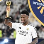 Real Madrids Brazilian forward #7 Vinicius Junior poses with his gold ball award during the podium ceremony after the 2024 FIFA Intercontinental Cup final football match between Spains Real Madrid and Mexicos Pachuca at the Lusail Stadium in Doha on December 18, 2024. — AFP