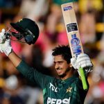 Pakistan left-handed opener Saim Ayub celebrates after scoring a century in third one-day international (ODI) in Johannesburg, December 28, 2024. — AFP