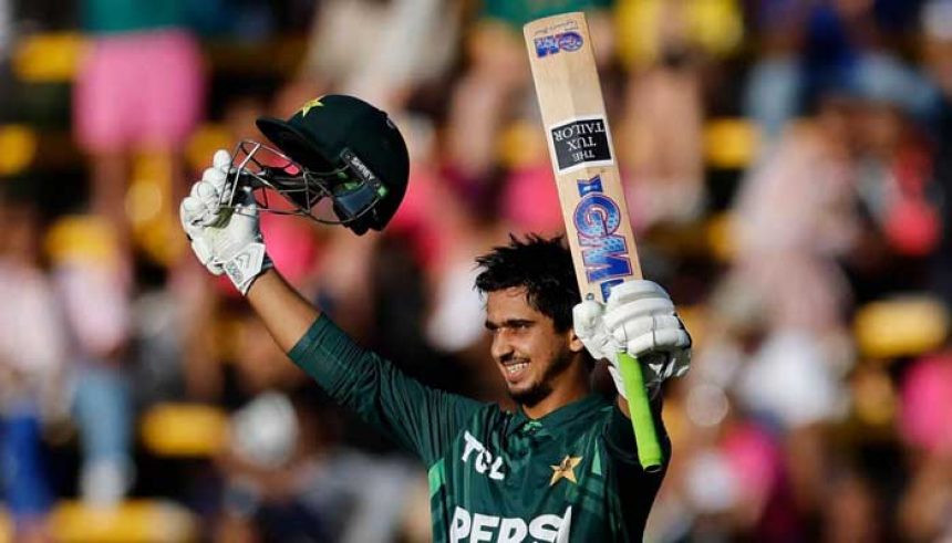 Pakistan left-handed opener Saim Ayub celebrates after scoring a century in third one-day international (ODI) in Johannesburg, December 28, 2024. — AFP