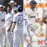 South Africas Test team celebrating wicket against Sri Lankas Test team (L) and Pakistans Abdullah Shafique raises his bat against England as skipper Shan Masood stands behind him. — AFP/PCB/file