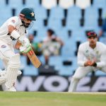 Saud Shakeel plays a shot during the second day of the first cricket Test match between South Africa and Pakistan at SuperSport Park in Centurion on December 27, 2024. —AFP