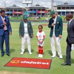 Pakistan skipper (second right) and Temba Bavuma (centre left) at the toss in the first Test match between Pakistan and South Africa on December 26, 2024. —X/ @TheRealPCB