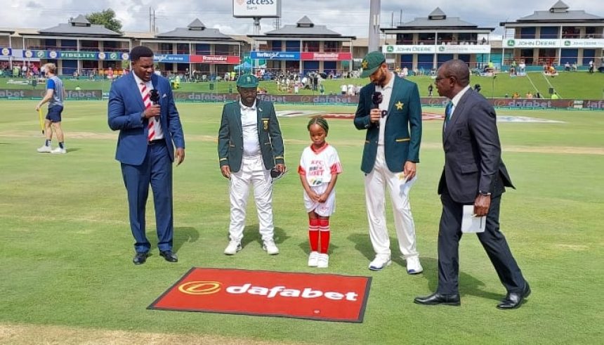 Pakistan skipper (second right) and Temba Bavuma (centre left) at the toss in the first Test match between Pakistan and South Africa on December 26, 2024. —X/ @TheRealPCB