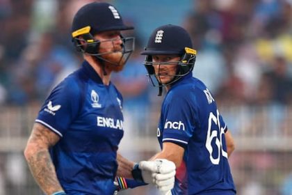 Englands Ben Stokes (left) and Joe Root in action during a match against Pakistan in the 2023 ICC World in Kolkata. — Reuters