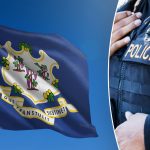 Connecticut state flag and a police officer