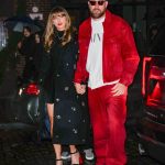 Image may contain Travis Kelce Taylor Swift Clothing Footwear High Heel Shoe Coat Hat Adult Person and Accessories