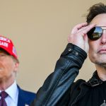 Donald Trump standing behind Elon Musk in sunglasses