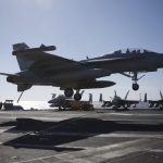 A US Navy F/A-18 Super Hornet fighter lands on the deck of the USS Ronald Reagan, a Nimitz-class nuclear-powered super carrier, during a joint naval drill between South Korea and the US, in the West Sea, South Korea, October 29, 2015. — Reuters