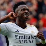 Real Madrids Vinicius Junior celebrates scoring their fourth goal during a LaLiga match against Osasuna at El Sadar Stadium in Pamplona, Spain on March 16, 2024. — Reuters