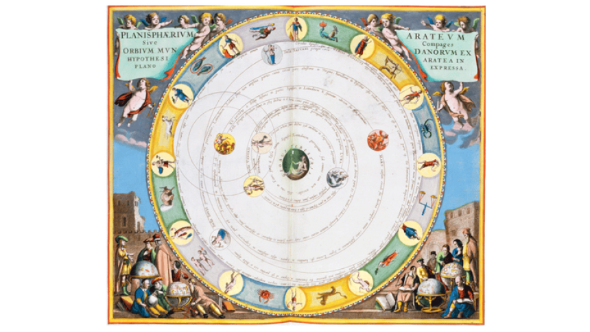 Illustrated drawing from the 1660s depicting the known understanding of the planetary orbits and how they influence the weekly horoscope