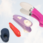 Best vibrators featuring four different types of vibrators on cloud-like background.