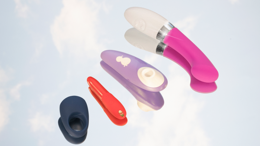 Best vibrators featuring four different types of vibrators on cloud-like background.