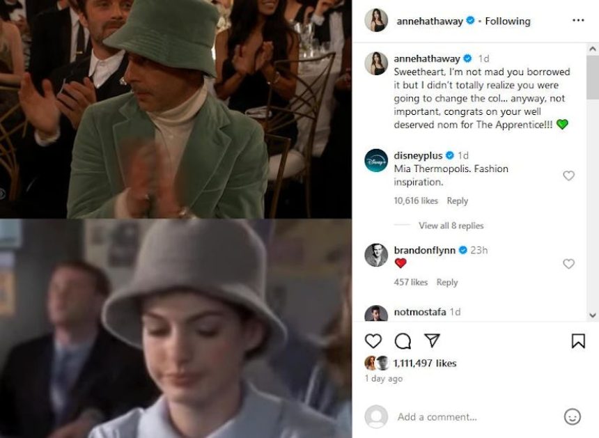 Anne Hathaway compares Jeremy Strong's Golden Globes bucket hat to one from 'The Princess Diaries.'