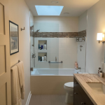 A neutral bathroom with a skylight