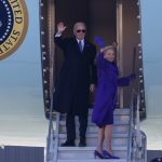 Former President Joe Biden and former First Lady Jill Biden wave to supporters as they depart Joint Base Andrews