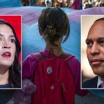 Alexandria Ocasio-Cortez and Hakeem Jeffries with a trans flag background