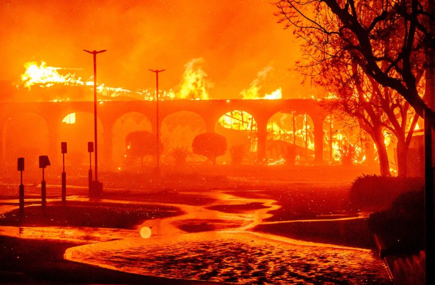 The Pasadena Jewish Temple  Center burns during the Eaton fire in Pasadena California on January 7 2025