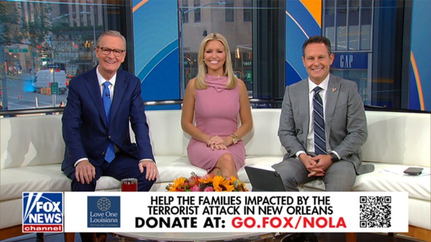 Fox and Friends hosts sitting on couch smiling