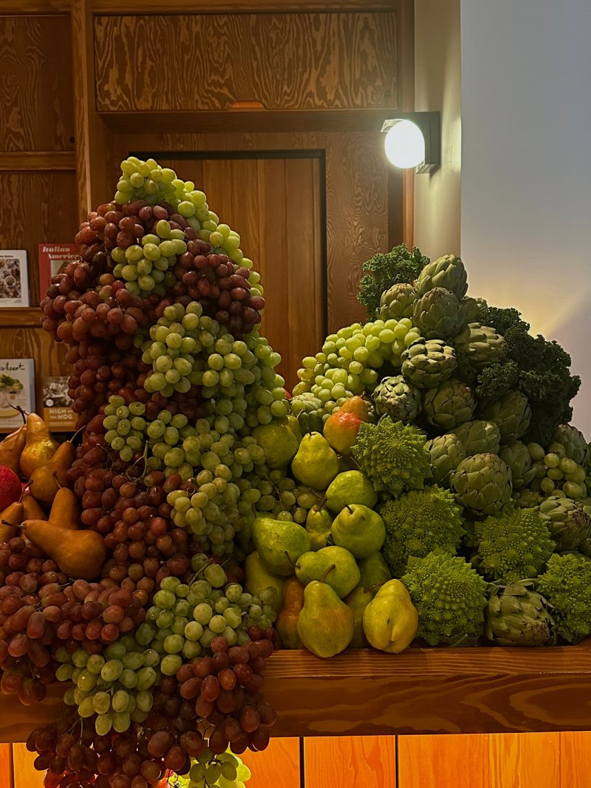 Centerpieces made out of fruits and vegetables at wedding, photographed and designed by Victoria Jane