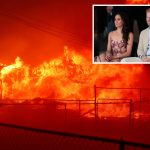 Wildfires have hit several neighbourhoods in Los Angeles. Inset: Meghan Markle and Prince Harry