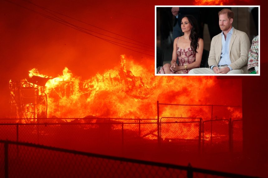 Wildfires have hit several neighbourhoods in Los Angeles. Inset: Meghan Markle and Prince Harry