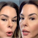 Erica Taylor demonstrates how on the left side her eyebrow ends more upwards — raising the eye upwards. On the right, the arch comes down and brings the face down drooping