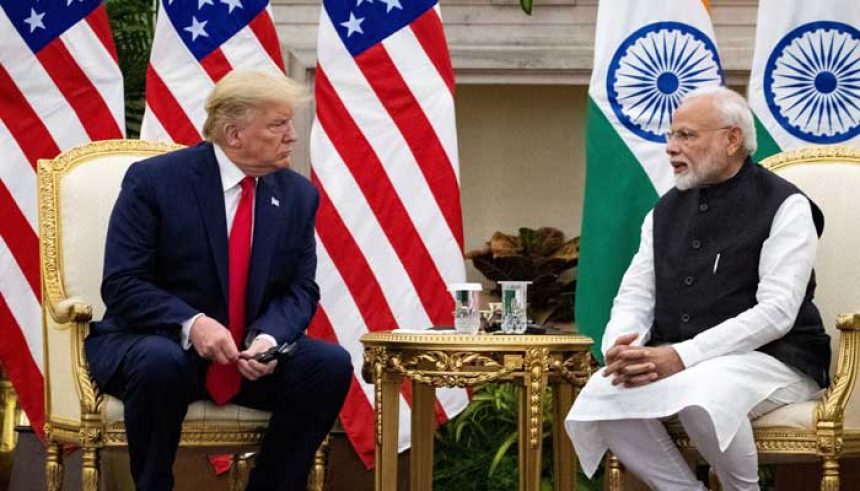 Indian Prime Minister Narendra Modi speaks to US President Donald Trump during a meeting at Hyderabad House in New Delhi, India, February 25, 2020. — Reuters