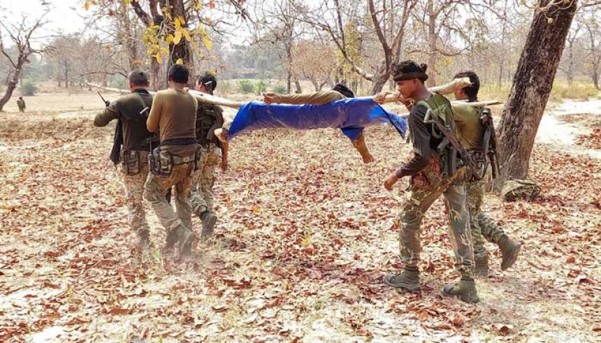 Security force personnel carry the body of their colleague after an attack by Maoist fighters in Bijapur in the central state of Chhattisgarh, India, April 4, 2021. — Reuters