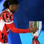 AC Milans Rafael Leao touches the cup after collecting his winners medal during the trophy presentation, after the Italian Super Cup final against Inter Milan at Al Awwal Park in Riyadh, Saudi Arabia on January 7, 2025. — Reuters