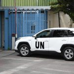 UN vehicle enters the UNRWA offices in Jerusalem. Jerusalem, Apr 2, 2024. 