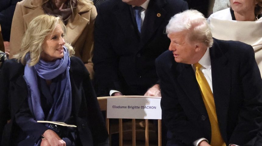 Jill Biden interacts with Donald Trump at the Notre-Dame Cathedral reopening