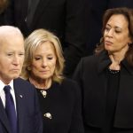 Joe Biden, Jill Biden, and Kamala Harris frowning at Jimmy Carter's funeral